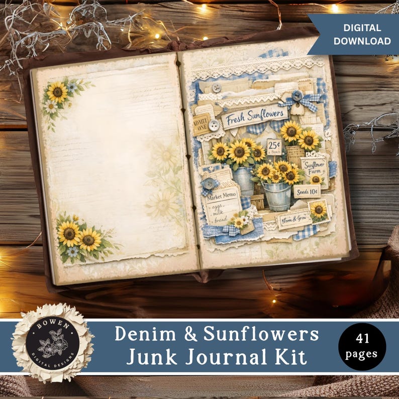 May include: An open junk journal kit featuring pages with sunflower illustrations, denim-textured accents, and vintage-style paper. The right page displays layered collages with text including Fresh Sunflowers, Market Memo, and Sunflower Farm.