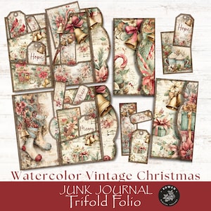 以下が含まれることがあります： Watercolor Vintage Christmas Junk Journal Trifold Folio。クリスマスをテーマにしたヴィンテージスタイルの紙のエフェメラのコレクション。デザインには、ベル、ポインセチア、そして「希望」や「喜び」などの言葉が書かれたタグが含まれています。