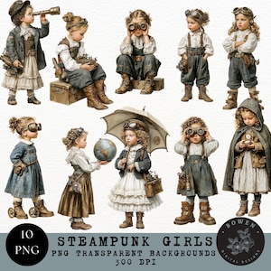May include: Digital illustration of ten steampunk girls in various poses, wearing goggles, hats, and vintage clothing. Some are holding a telescope, globe, and umbrella. The image includes the text "10 PNG Steampunk Girls PNG Transparent Backgrounds 300 DPI".