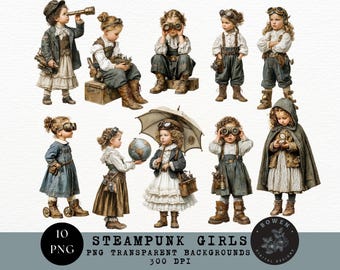 Steampunk Girls PNG Bundle, Fussy Cut Scrapbook Ephemera, Steampunk Clipart, Steam Punk