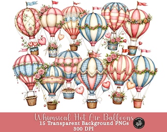 Whimsical Watercolor Hot Air Balloon PNG Bundle, Clipart for Invitations, Card Making, Baby Showers, Scrapbooking