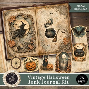 Kit de journal créatif vintage Halloween, découpages de sorcières, pages de journal imprimables, étiquettes, éphémères, intercalaires, papier à dessin, clipart