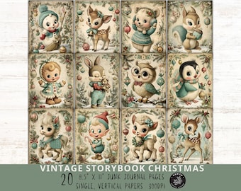 Páginas de diario basura de cuentos navideños vintage, fondo para álbum de recortes y tarjetas con animales del bosque invernal, efímeras y gráficos.