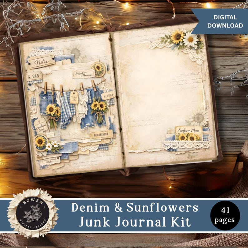 May include: An open junk journal kit featuring pages with denim and sunflower motifs. The left page displays a clothesline with denim scraps, sunflowers, and tags labeled Notes, Sweet Memories, and Sunflower Seeds. The right page has lace accents.