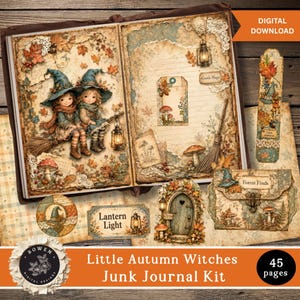 Op de afbeelding: Een digitale junk journal kit met twee geïllustreerde heksen in blauwe hoeden op een bezemsteel, omringd door herfstbladeren, paddenstoelen, lantaarns en vintage papiertexturen. Inclusief labels, een bladwijzer en een envelop met Forest Finds.