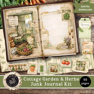 Op de afbeelding: Een digitale download junk journal kit met een cottage tuin en kruiden thema. De kit bevat 55 pagina's met illustraties van tuintaferelen, zaadzakjes, kruiden en groenten zoals radijsjes, wortels en tomaten op vintage papier.