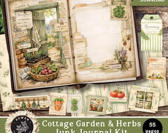 Cottage Garden Herb Junk Journal Kit, Fussy Cuts, Printable Journal Pages, Tags, Ephemera, Folio Inserts, Summer Garden Journal Paper