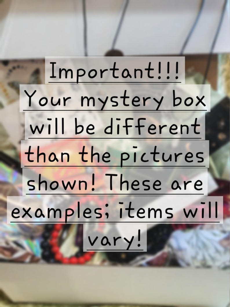 Puede incluir: Imagen de una caja con el texto "&iexcl;Importante!!! &iexcl;Tu caja misteriosa ser&aacute; diferente a las fotos mostradas! Estos son ejemplos; &iexcl;los art&iacute;culos variar&aacute;n!" La caja contiene varios art&iacute;culos.