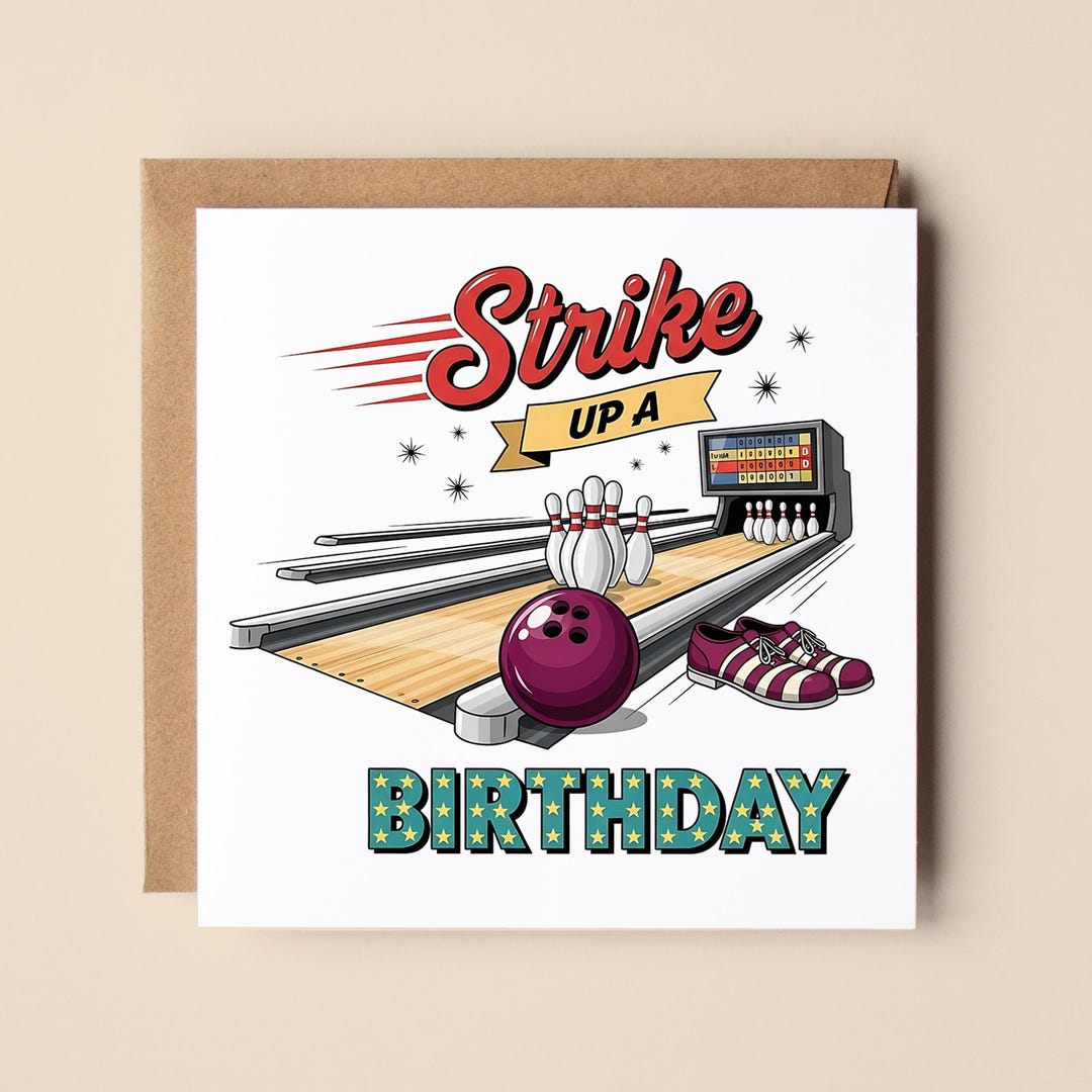 Strike up a Birthday Card, Funny Bowling Lover Gift, Retro Alley Pins