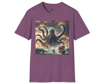 Mystische Kraken Unisex T-Shirt | Nautische Kunst T-Shirt, Ozean-Liebhaber-Geschenk, Piratenästhetik, Fantasy-Kleidung, Abenteuerkleidung