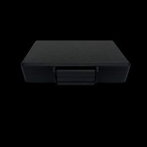 May include: A rectangular black storage case with a textured surface and a central latch mechanism. The case features a solid, opaque construction with a flat top and a secure locking clip positioned on the front edge for closure and protection.