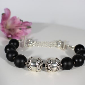 Black Onyx and Sterling Silver Bali Beads Bracelet, Anniversary Gift for Wife, Minimalist Bracelet, Black Onyx Jewelry, Gemstone Bracelet