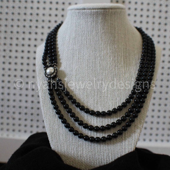 Triple Strand Faux Black Pearl Necklace Special Jewelry Gift Etsy