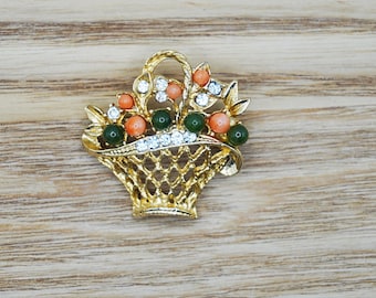 Spilla vintage a forma di cestino floreale, con perline arancioni e verdi, anni '70-'80
