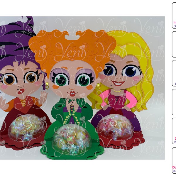 WITH DOTTED OPENING Pack 3 witches Hocus Pocus Candy Holders - for 4 sizes domes - Digital Files - candy - Svg and Studio files