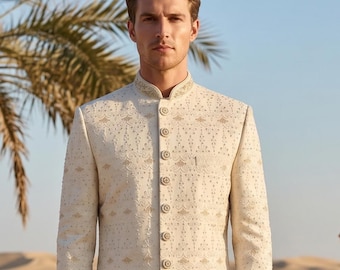 Sherwani bianco di lusso per lo sposo: abito da matrimonio indiano
