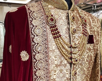 Luxury Golden Wedding Sherwani for Groom : Indian Groom Outfit