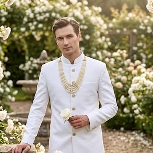 May include: A man in a white, long-line suit with a mandarin collar and gold buttons, holding a white rose. He wears a layered pearl necklace. The background features a garden with white roses and a stone wall.