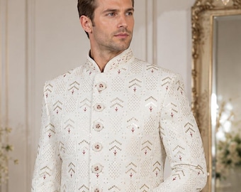 Sherwani bianco di lusso per lo sposo: abito da sposa indiano