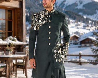 Conjunto de sherwani bordado verde / Traje de boda para novio indio