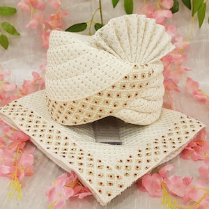 White Wedding Turban Shawl Set: Indian Groom Safa with Embroidery