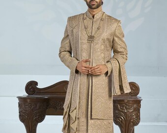 LUXURY GOLDEN COPPER Wedding Sherwani for Groom: Indian Men Wedding Outfit