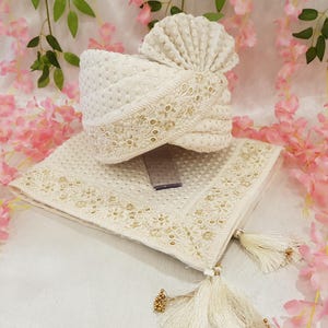 White Wedding Turban Shawl Set: Indian Groom Safa with Embroidery