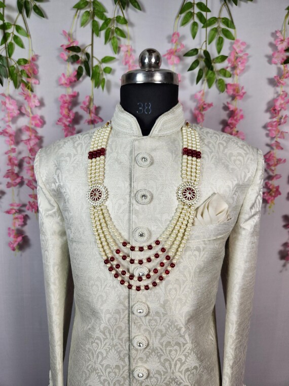 Pearl Wedding Necklace: Regal Indian Groom Sherwani Jewelry