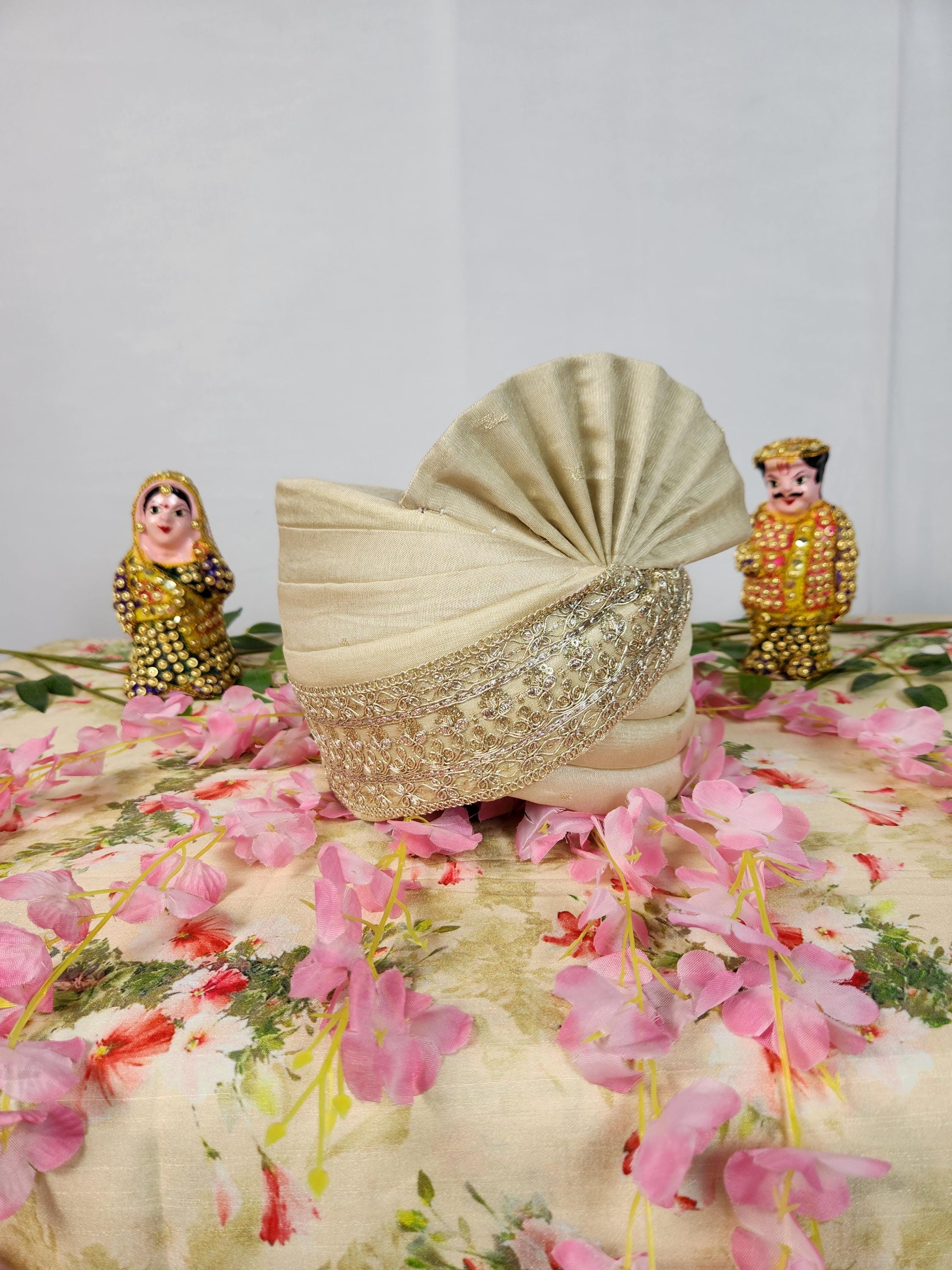 Light Golden Wedding Turban for Groom: Indian Sherwani Safa, Adjustable Fit