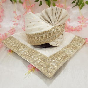 White Wedding Turban Shawl Set: Indian Groom Safa with Embroidery