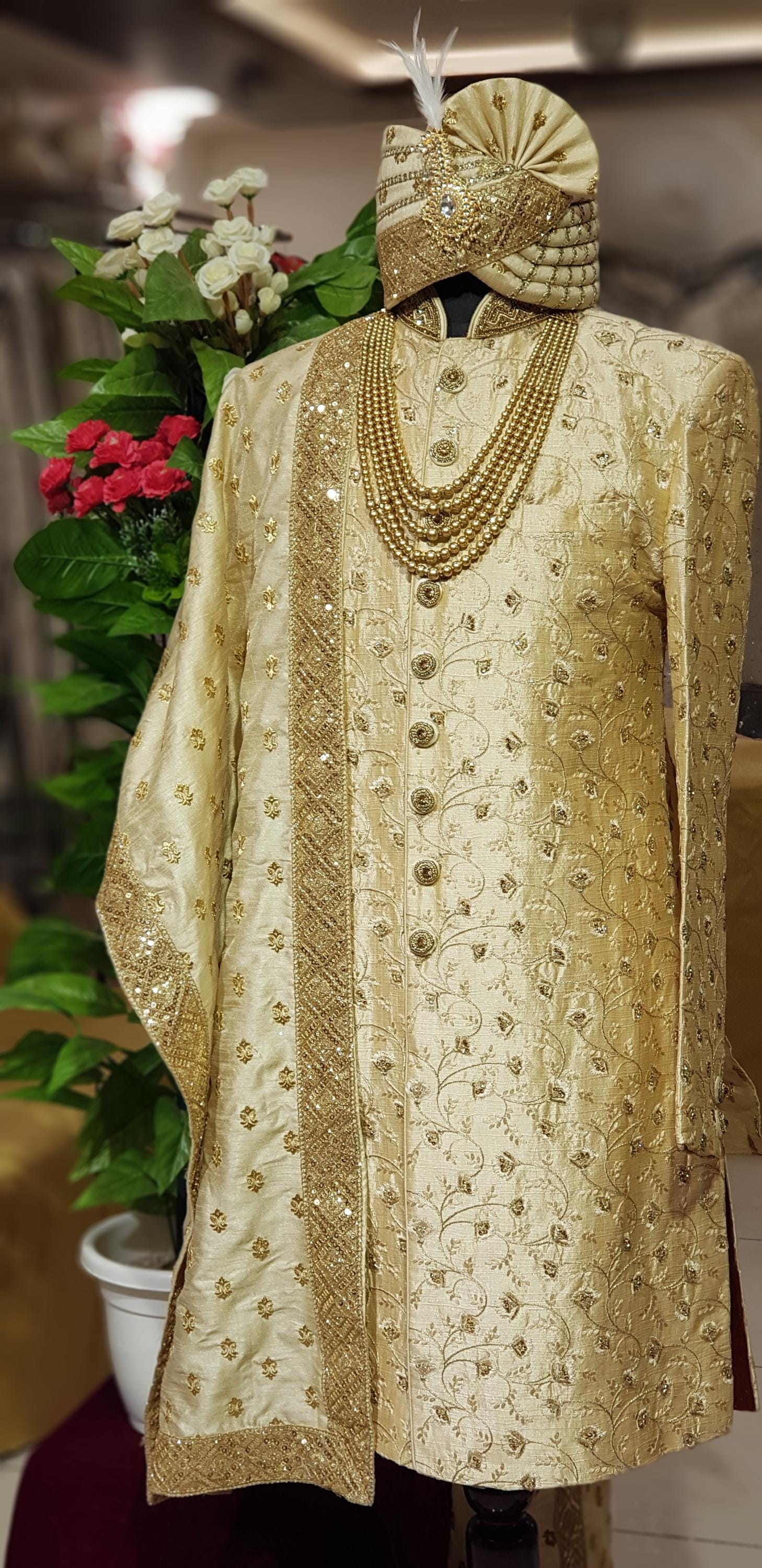 golden wedding dress for men Luxury Sherwani Groom : Indian Groom Outfit BFCM25-20