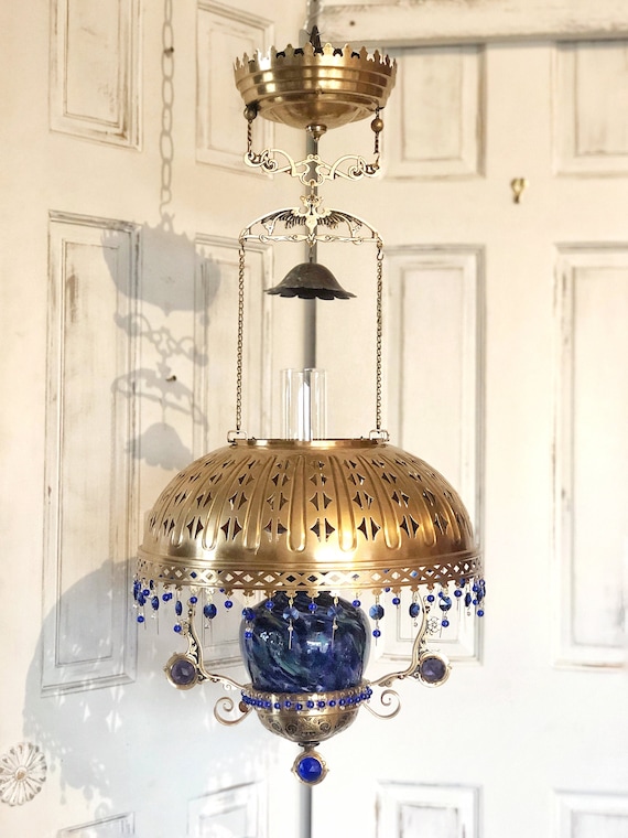 Antique Hanging Parlor Library Oil Lamp Reinvented Etsy