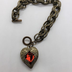 Heart Charm Bracelet, Heart Bracelet, Bronze Bracelet, Toggle Bracelet, Red Bracelet, Womens Gift, Gift Idea,