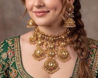 Antique Gold Kundan Waterfall Necklace with Jhumka Earrings/ Indian Bridal Jewelry/ Statement Wedding Necklace/ Luxury Ethnic/ Festive Wear
