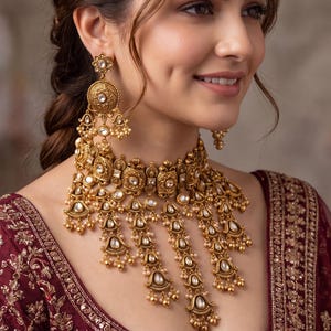 Premium Antique Gold Bridal Statement Necklace Set/ Indian Bridal Waterfall Choker Set/ Heavy Wedding Jewelry/ Kundan Bridal Necklace