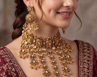 Conjunto de collar nupcial de oro antiguo de primera calidad / Conjunto de gargantilla nupcial estilo cascada india / Joyería nupcial llamativa / Collar nupcial Kundan