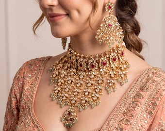 Royal Polki Kundan waterfall Choker Set/ Antique Gold Bridal Necklace Set with Green Beads/ Indian Wedding Jewelry/ Heavy Bridal Necklace