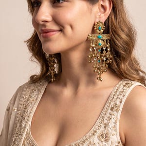 Antique Gold Jhumka Earrings/ Ghungroo Earrings/ Bollywood Style Statement Earrings/ Indian Jewelry/ Indian Wedding Jewelry/ Ruby/ Mint