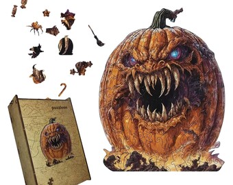 Drewniana układanka z dynią, przerażająca dekoracja na Halloween