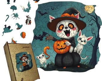 Halloween Cat Wooden Puzzle: Spooky Jigsaw, Witch Decor