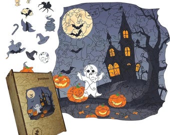 Drewniana układanka „Nawiedzony ogród”: upiorny wystrój na Halloween