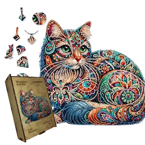 Wooden Cat Puzzle – Animal Jigsaw Puzzle, Unique Gift, Colorful 3D Decorative Puzzle, Shaped Pieces, Birthday Gift for Home Decor