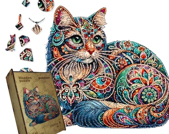 Wooden Cat Jigsaw Puzzle: Colorful 3D Animal Puzzle, Shaped Pieces