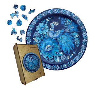 Wooden Puzzle, unique gift, colorful puzzle, jigsaw puzzle, wall decor. Puzzle Petrykivka Evening Song by Hanna Oliinyk.
