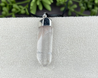 Quartz point pendant black cord