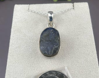 Blue Flash Oval Labradorite Pendant Raw Face with Sterling Silver Chain