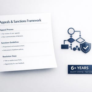 May include: A white document titled "Appeals & Sanctions Framework" with bullet points on appeal processes, sanctions, and resolution steps. A dark blue graphic of a flowchart and shield with a checkmark is to the right. A dark blue banner reads "6+ YEARS".
