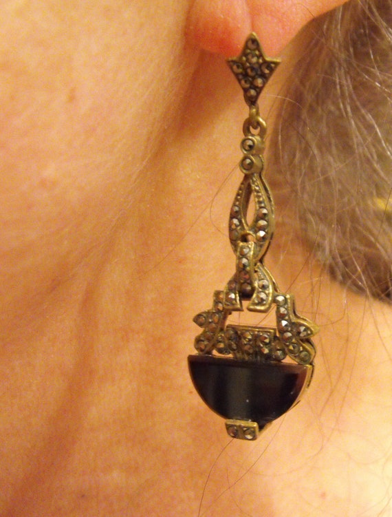 Art Deco Art Nouveau Onyx Marcasite dangle earring
