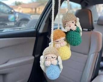 Crochet Angel Car Hanging, Rear View Mirror Charm, Cute Car Accessories, Handmade Car Decor, Guardian Angel Gift, Aesthetic Auto Ornament
