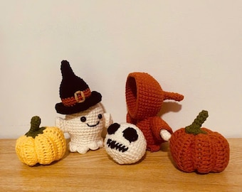 Halloween Crochet Set of 3 – Pumpkin, Ghost & Grim Reaper Plush, Spooky Amigurumi Decoration, Handmade Halloween Gift